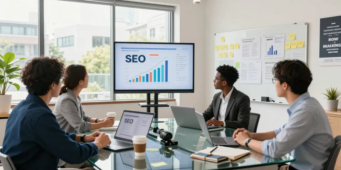 Team, das bei einem GEO Agentur-Meeting für digitalen Marketingerfolg strategisiert.