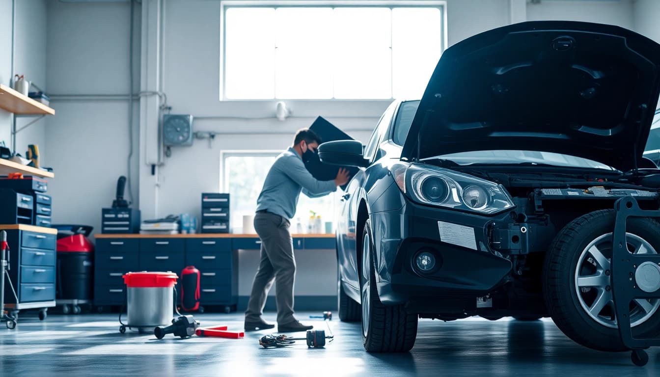 Motorschaden Ankauf: Mechanic assessing a damaged car in a bright garage.