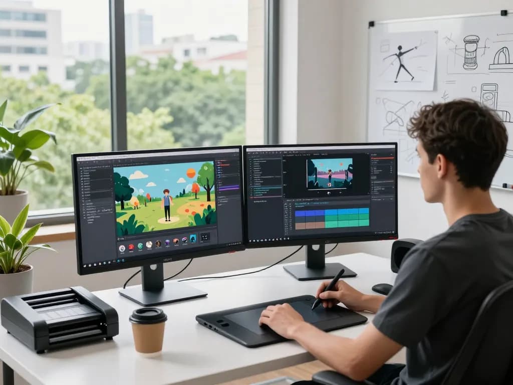 Free motion control workspace where a digital artist creates AI videos at dual monitors in a bright creative environment.