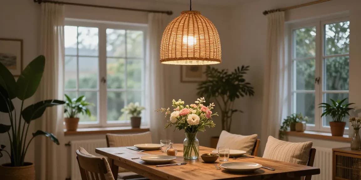 Stilvolle Rattan Pendelleuchten, die einen gemütlichen Essbereich mit natürlichem Licht und floraler Dekoration beleuchten.