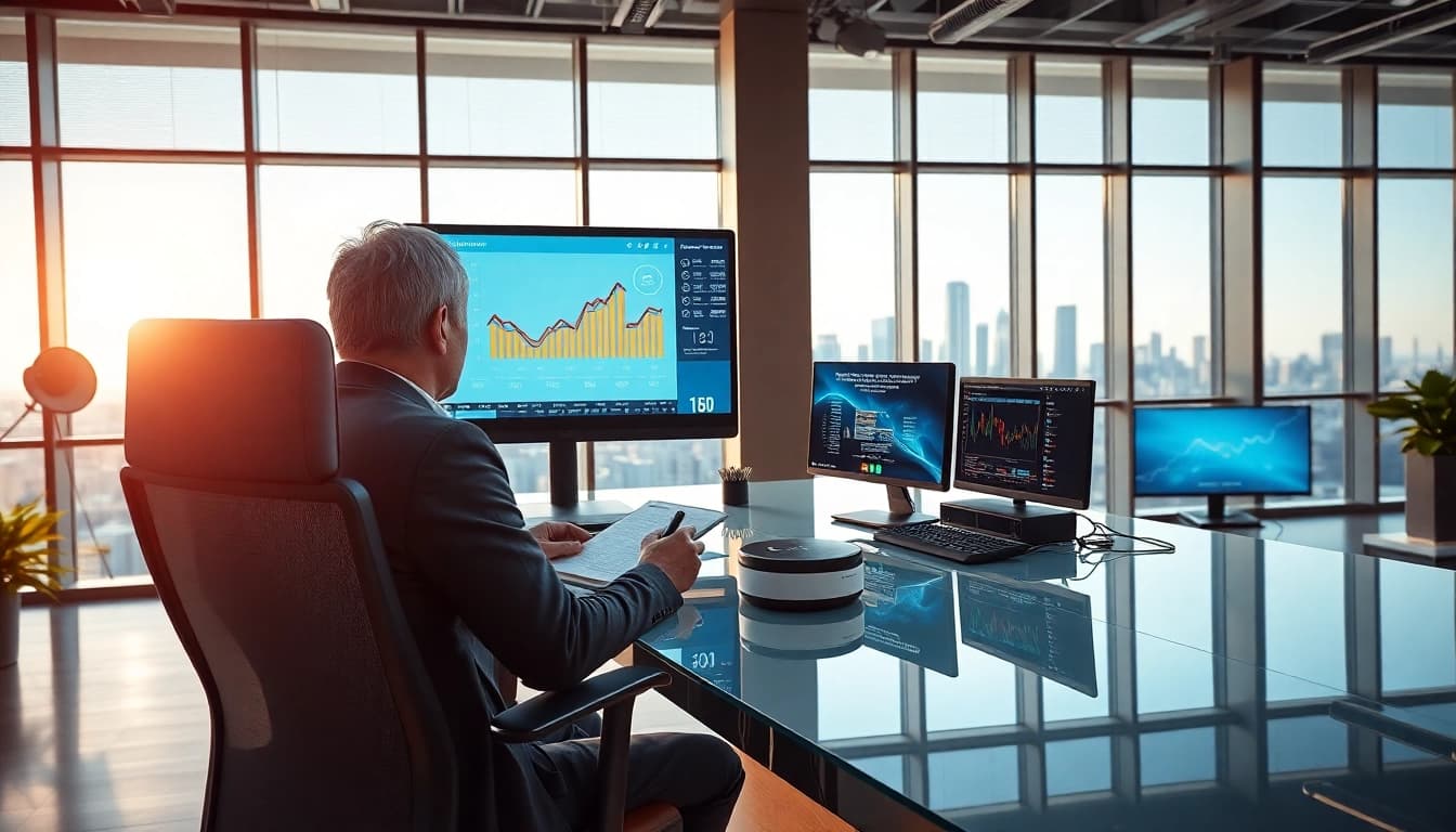 Technik News über aktuelle Trends in der Technologie, angepriesen in einem modernen Büro mit Hochtechnologie.