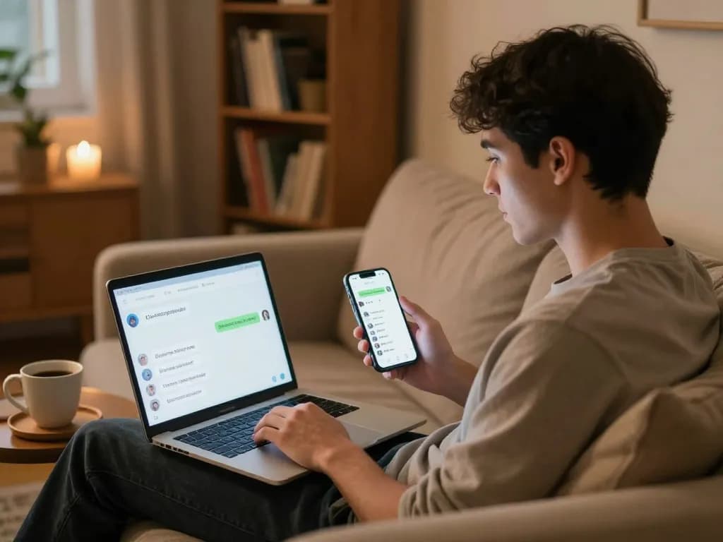 Interactive porn chat AI scene with user engaging on a laptop in a cozy setting