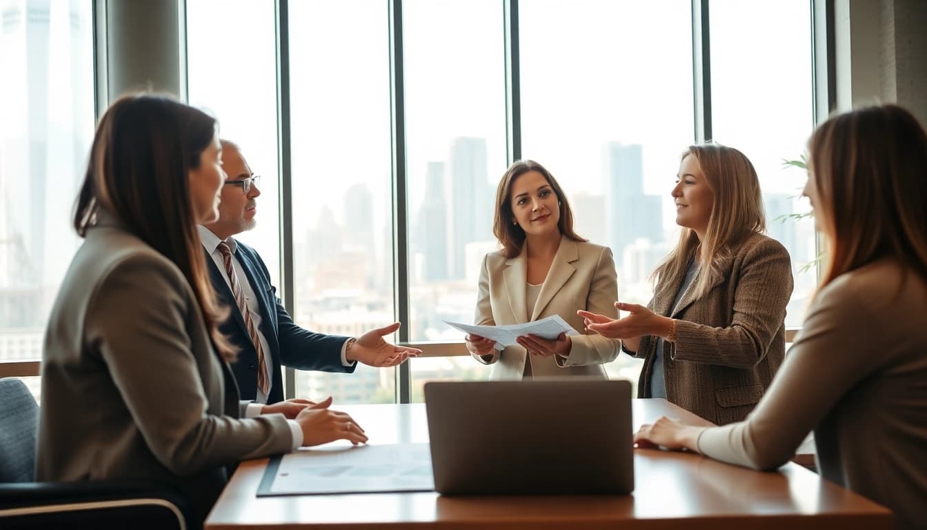 Immobilien Deutschland: Ein Immobilienmakler berät Kunden in einem modernen Büro mit Stadtansicht.