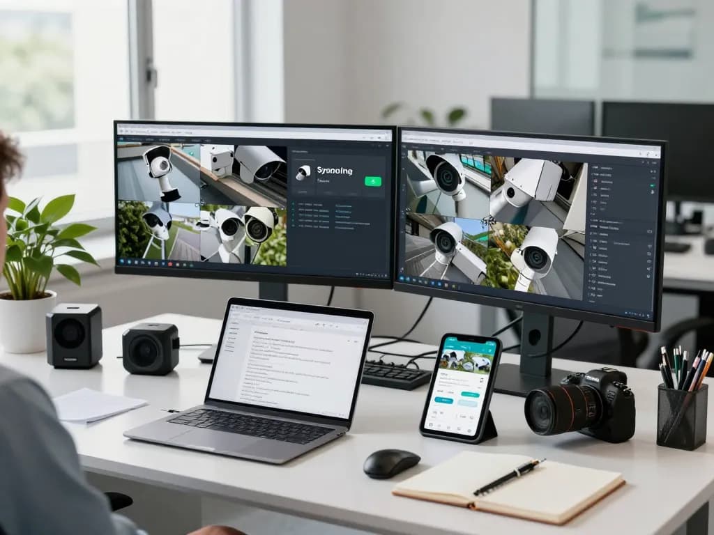 Überwachungsstation Einrichtung mit Experten, die mehrere Kamerafeeds und Sicherheitssoftware verwalten.