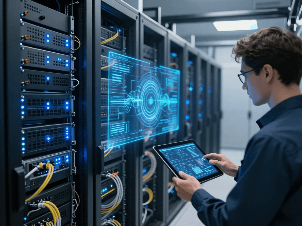 IPTV subscription solutions in a high-tech server centre, showcasing advanced cloud computing and innovative technology systems.