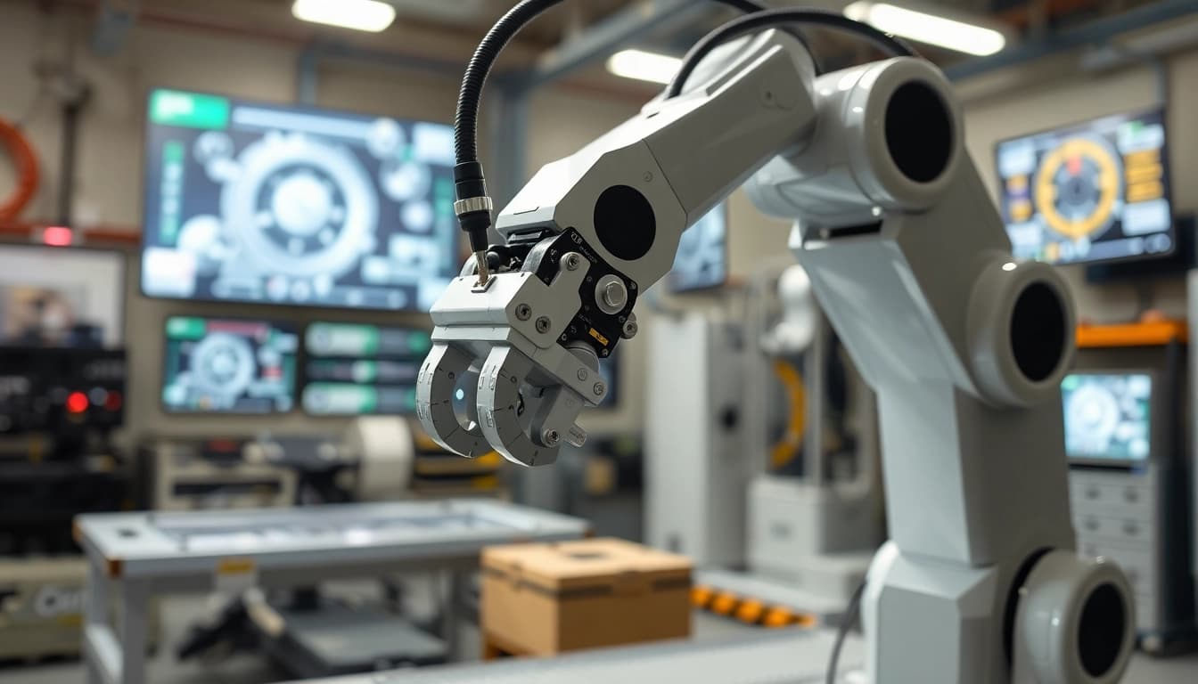 Robosaugertest.de zeigt einen präzisen Roboterarm bei der Arbeit in einer modernen Werkstatt.