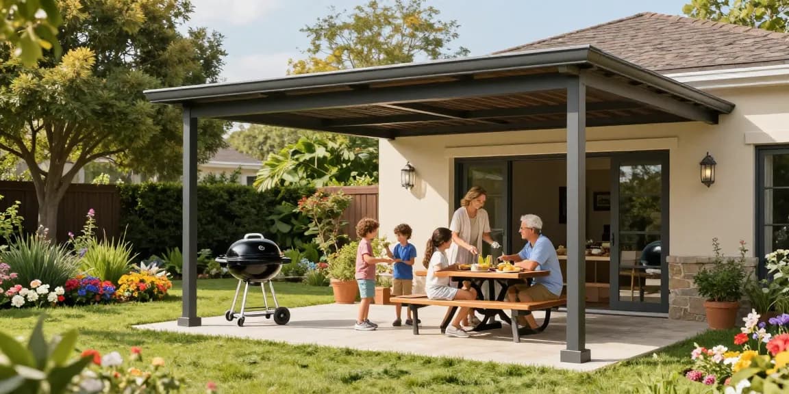 Terrassenüberdachung freistehend im Garten mit Familie beim Grillen