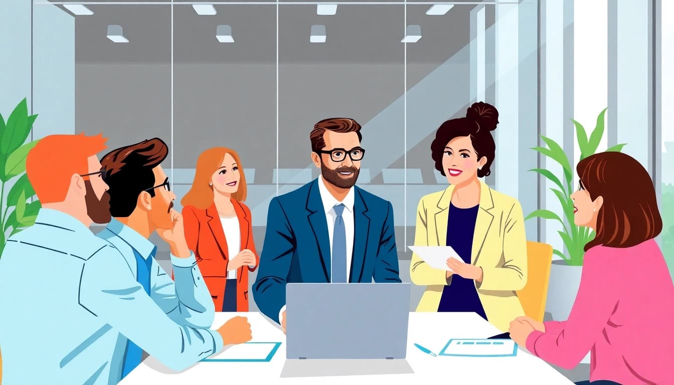 Unternehmensberatung: Business consultant collaborating with diverse clients in a modern office.