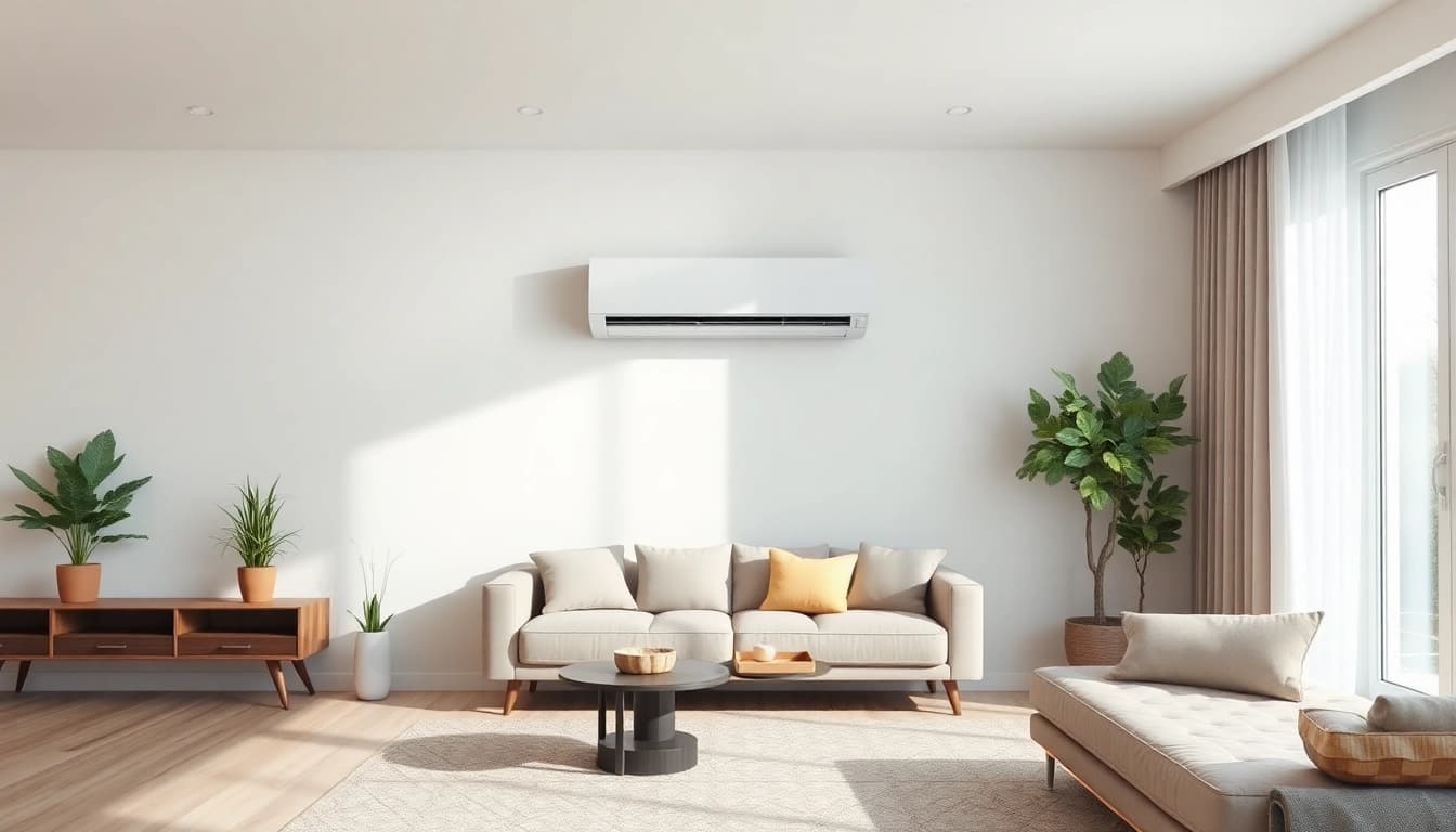 Klimaanlage kaufen: Elegant gestaltete Klimaanlage in einem modernen Wohnzimmer prägt den Raum sichtbar.