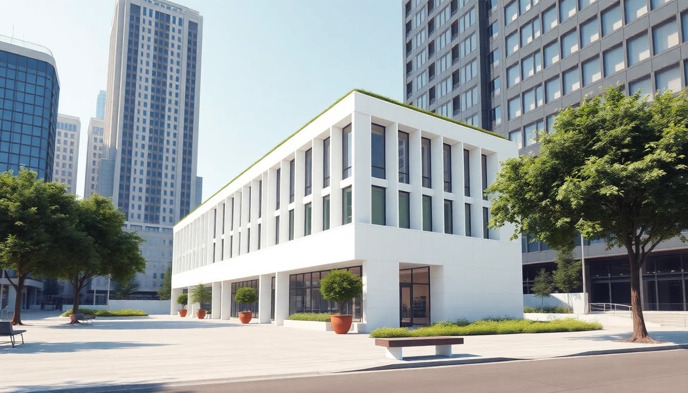 Architektur visualisierung eines modernen Gebäudes im urbanen Umfeld, das Lebensqualität erhöht.