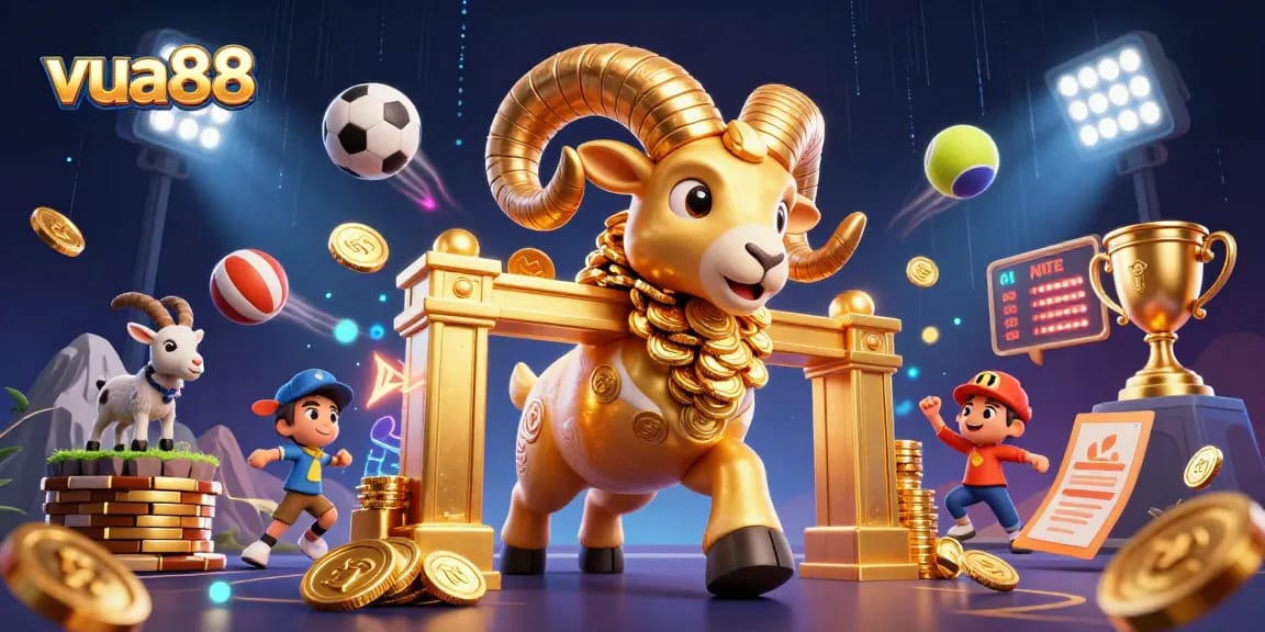 Vua88 features a vibrant scene with a golden ram and sports elements representing exciting betting experiences.