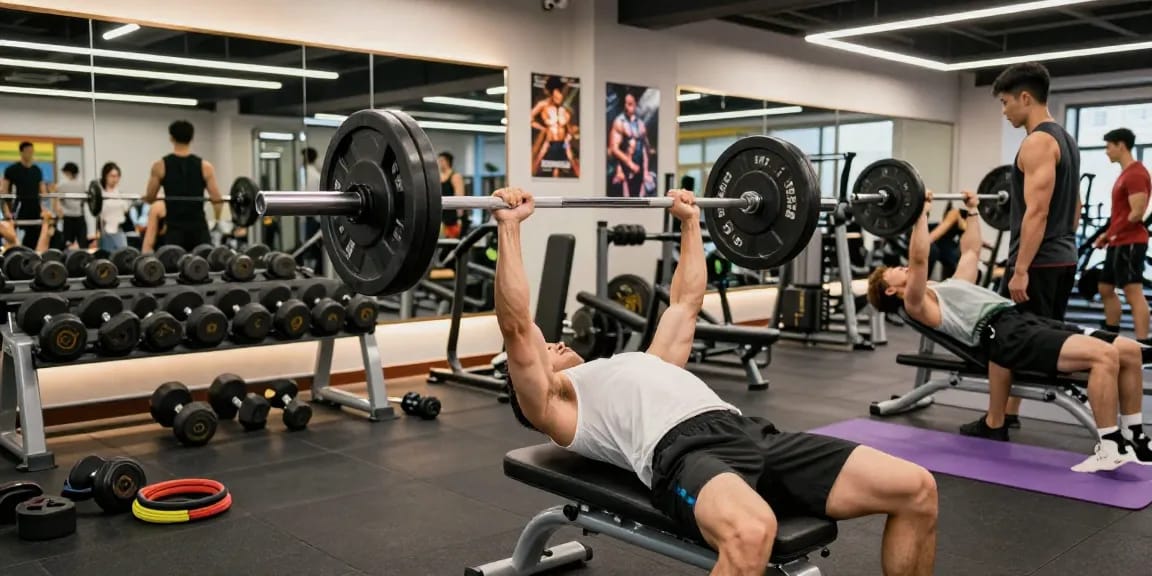 Fitness im Selliza Shop: Athlet trainiert im modernen Fitnessstudio mit Gewichten und motivierender Atmosphäre.