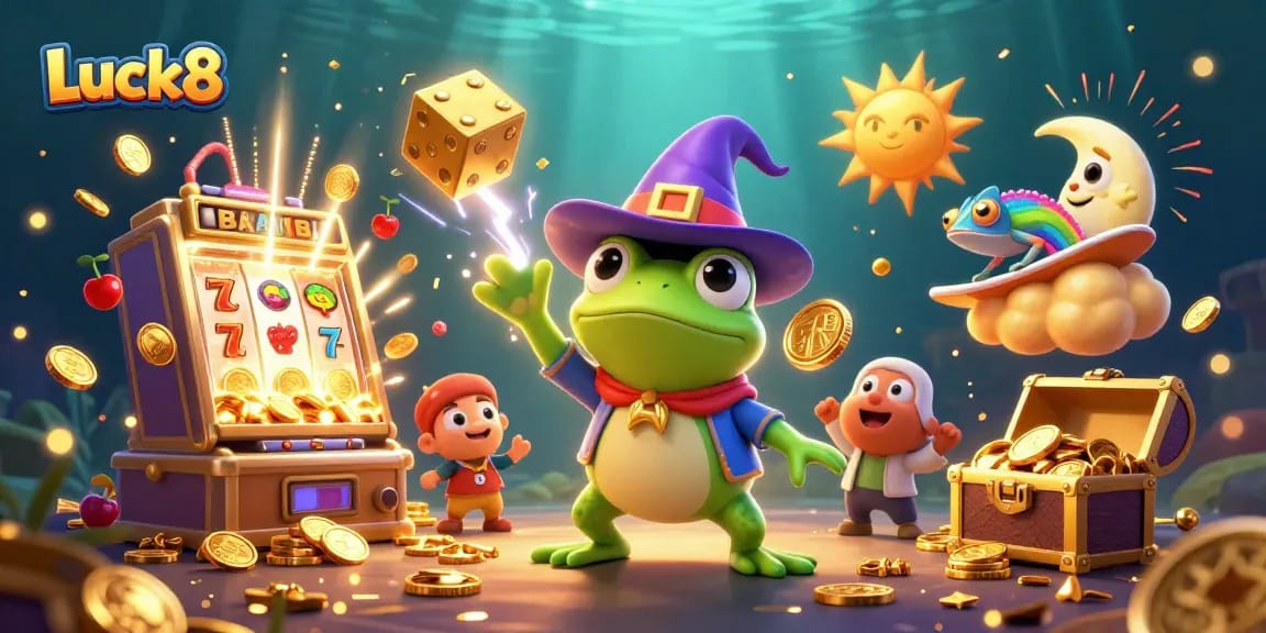 Experience Luck8's thrilling casino world with vibrant characters and dynamic game elements.