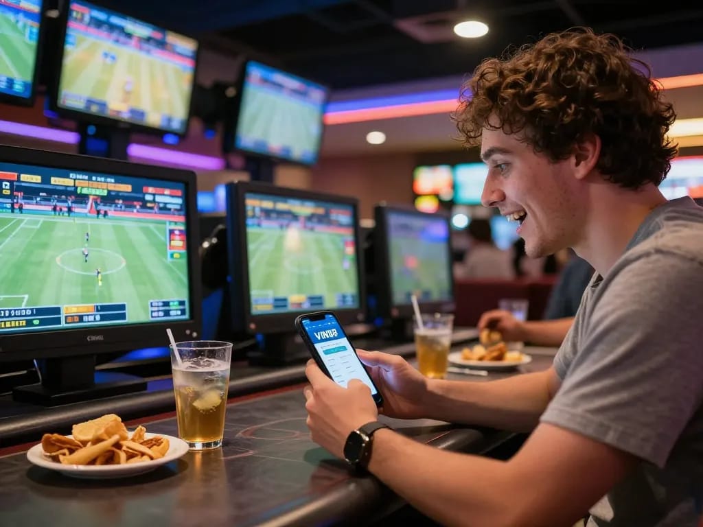 Engaged fan using the VIN88 app for sports betting in a lively casino environment.