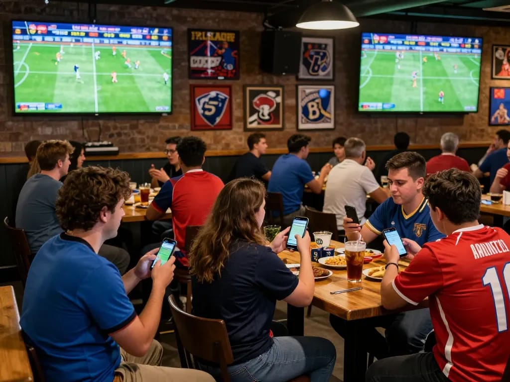 Fans betting on ฟุตบอล during an exciting match in a vibrant sports bar atmosphere