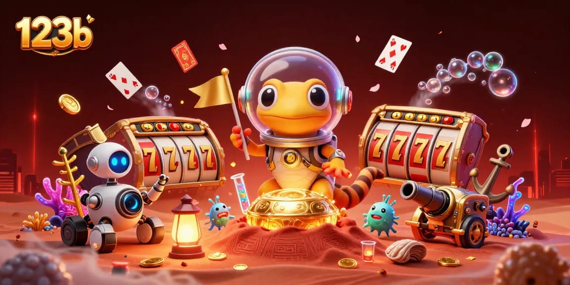 Experience the thrill of 123b with a Martian gecko discovering a golden casino among vibrant gaming elements and cosmic cheer.