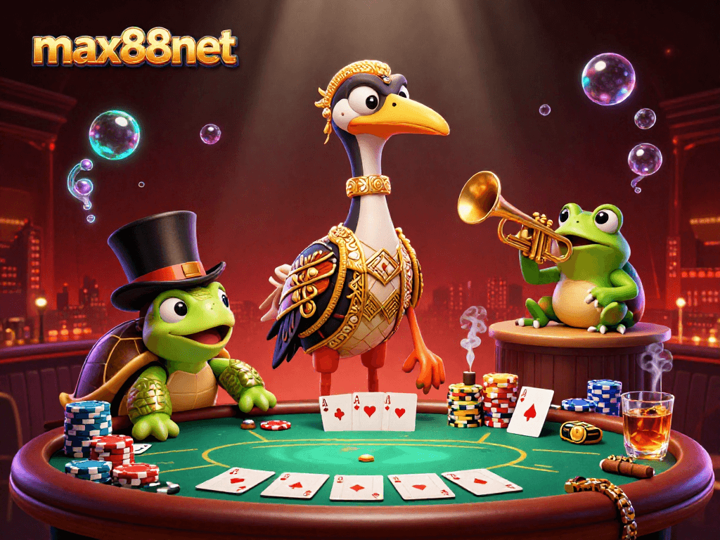 Engage with max88net's vibrant gaming scene featuring a colorful poker game with animated characters.