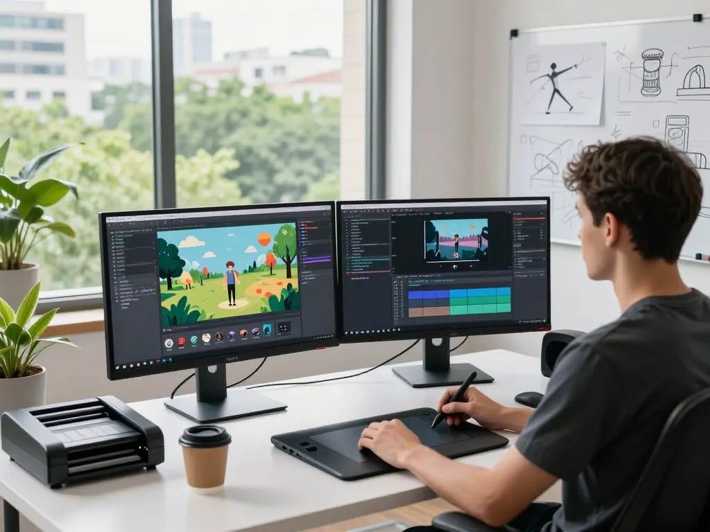Free motion control workspace where a digital artist creates AI videos at dual monitors in a bright creative environment.