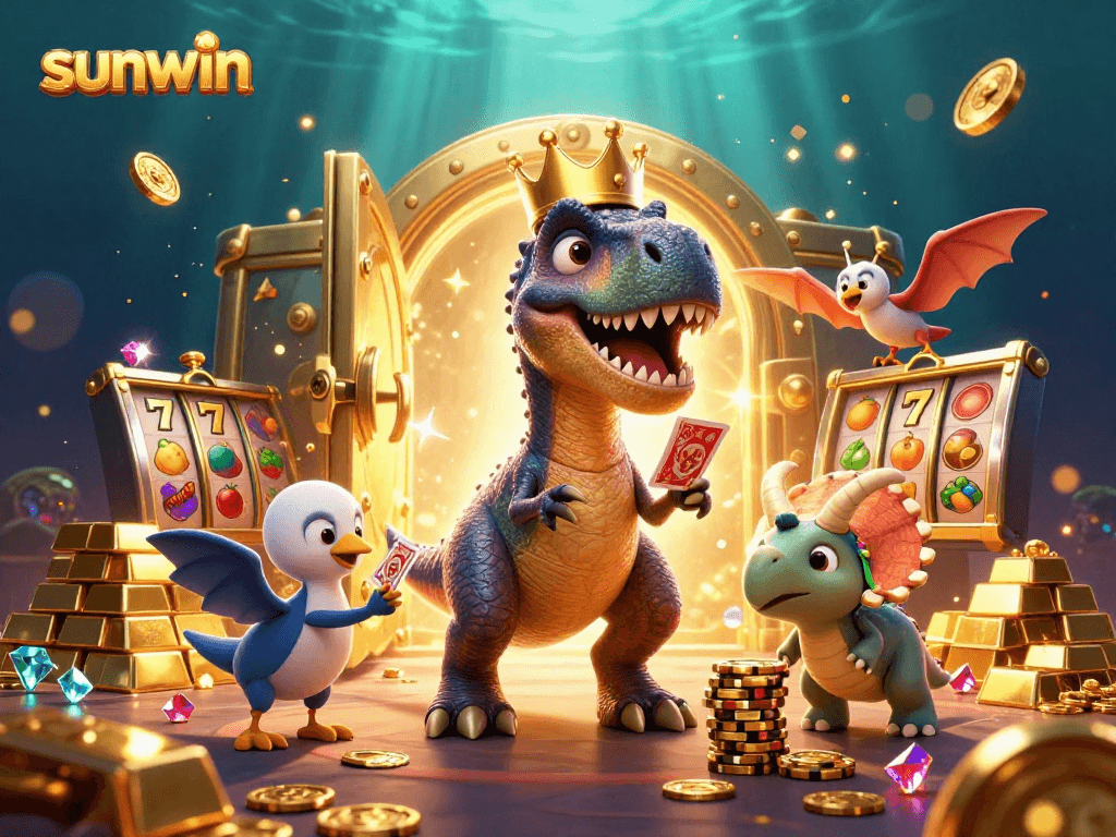 Experience the thrilling atmosphere of sunwin casino with a T-Rex and friends surrounded by gold and slots.