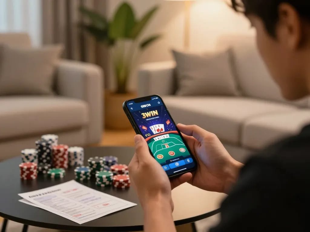 Engaged player using Nhà cái 3WIN app for a focused gaming session in a cozy living room.