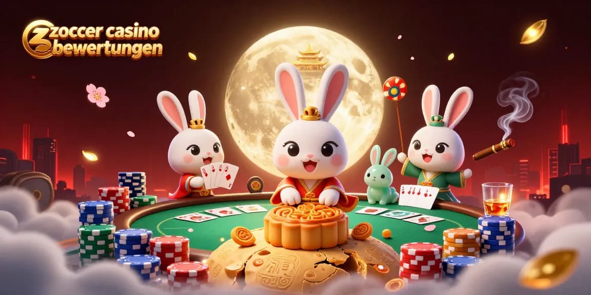 Zoccer Casino Bewertungen: Illustrationen zeigen einen 3D-Mondhasen, der Pokerchips produziert, umgeben von Casino-Elementen.