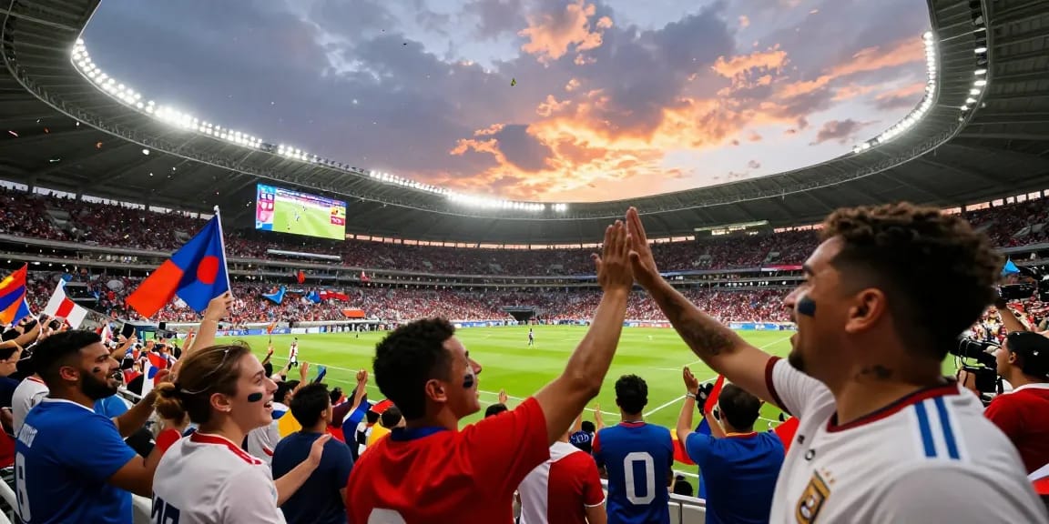 Fanfeier bei der WM Fußball 2026 mit jubelnden Anhängern im Stadion.