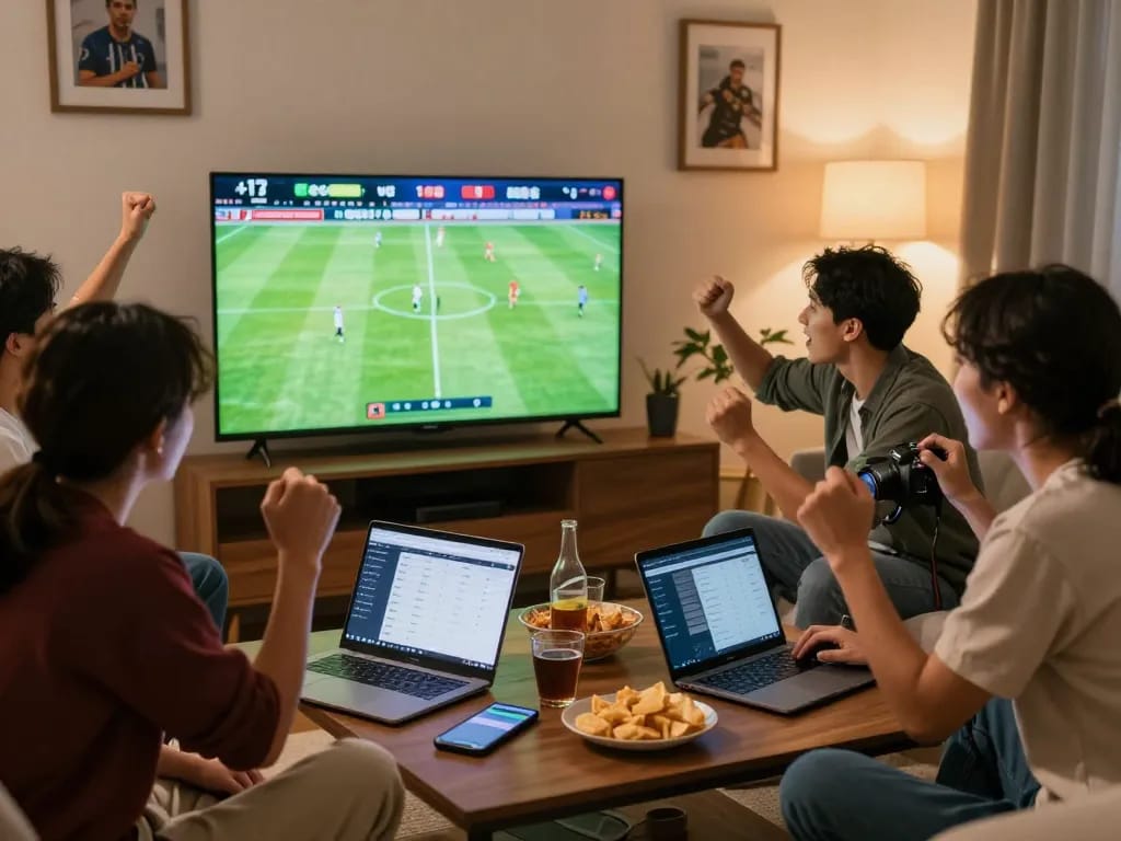 Friends discussing kèo nhà cái during a live football match in a cozy living room.