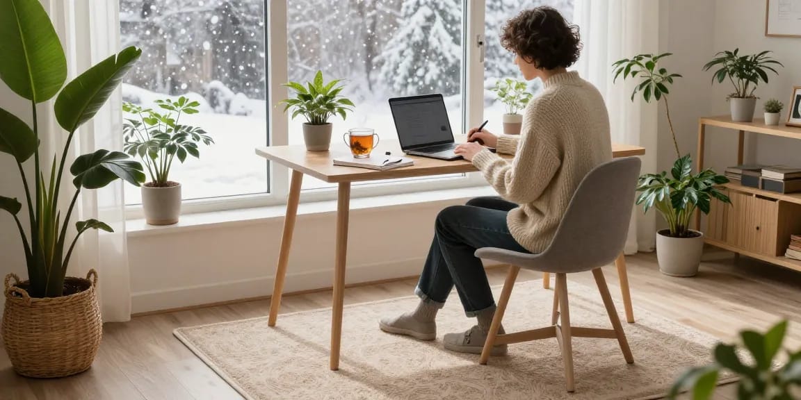 Wärmer Heizteppich (heizteppich) in einem gemütlichen Home Office, perfekt für einen Arbeitstag im Winter.