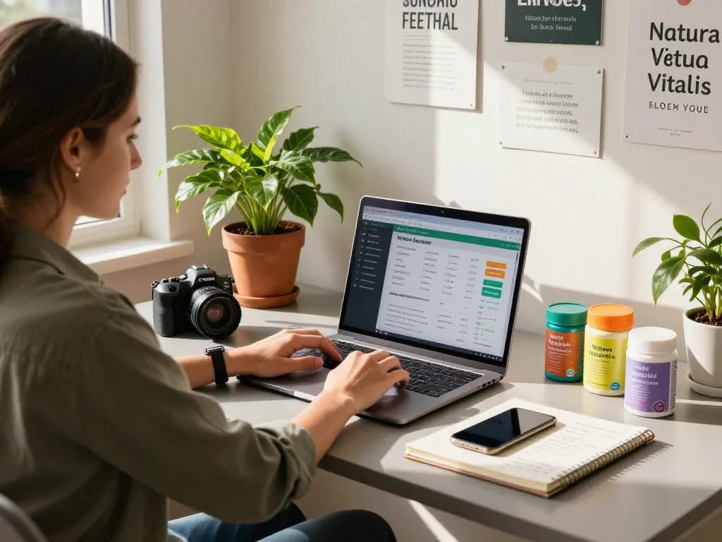 Individuum, das passives Einkommen in einem lebhaften Home-Office mit Natura Vitalis Produkten und einem Laptop, der Verkäufe anzeigt, aufbaut.