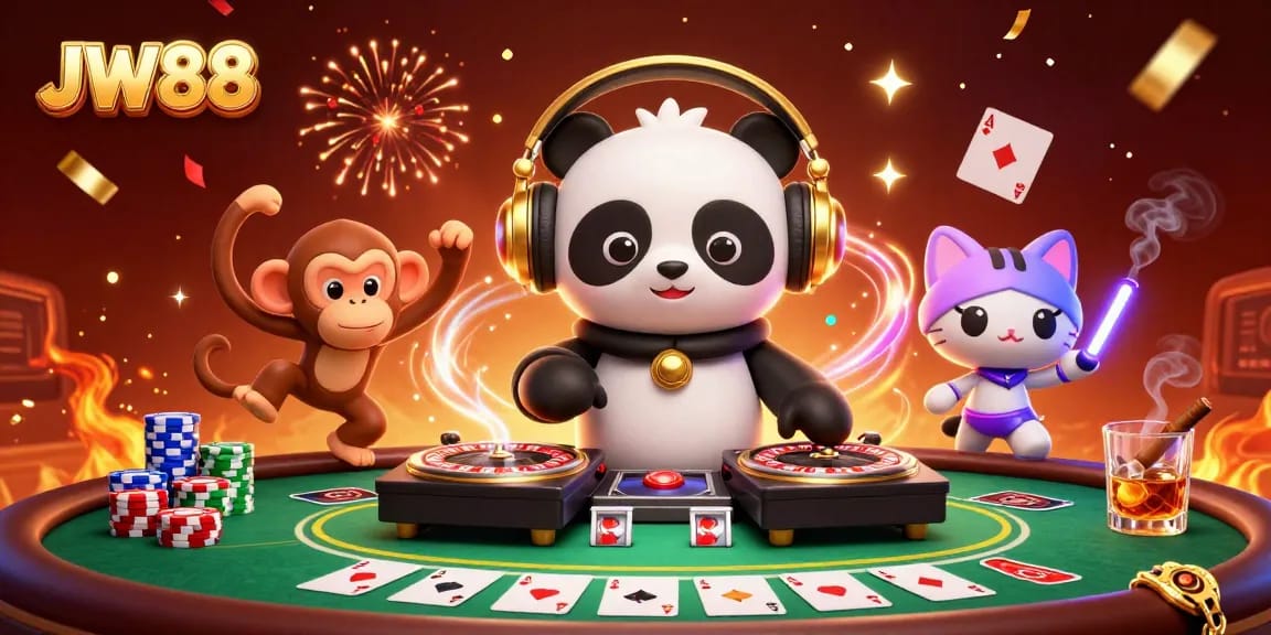 Experience excitement at JW88 with a DJ panda, gaming elements, and vibrant colors.
