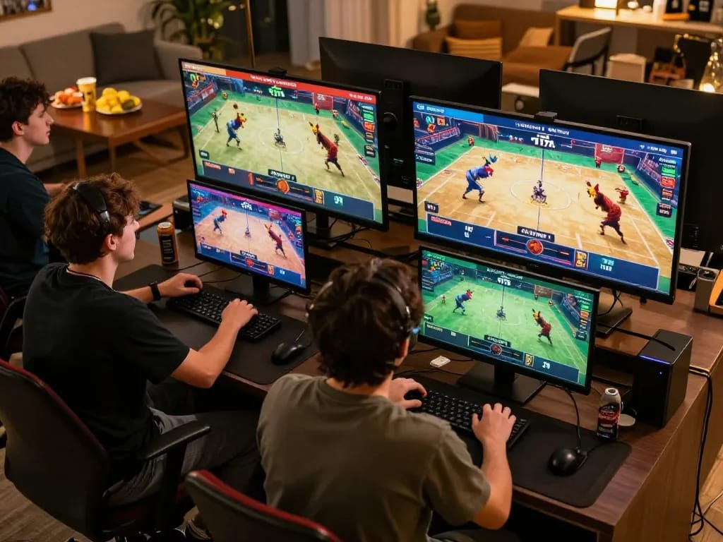 Engaged players betting on GVUI Thomo online chicken fights, live action on screens, community excitement.