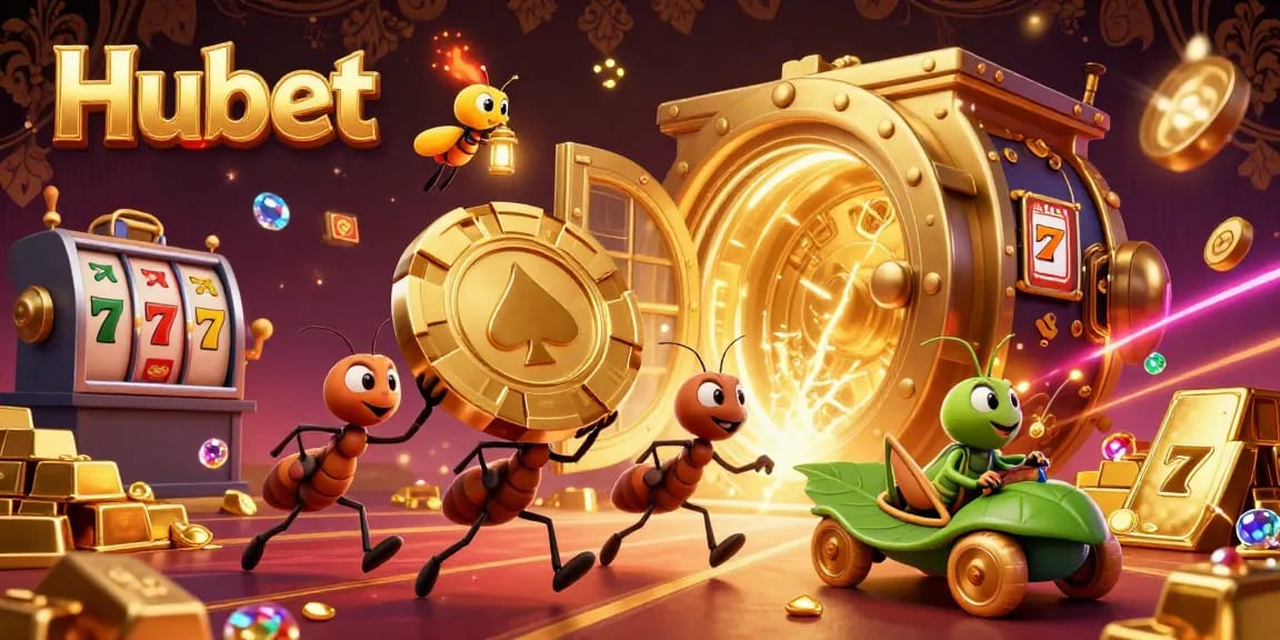 Ant team conquers the Hubet casino scene with a golden poker chip, showcasing vibrant slot action.