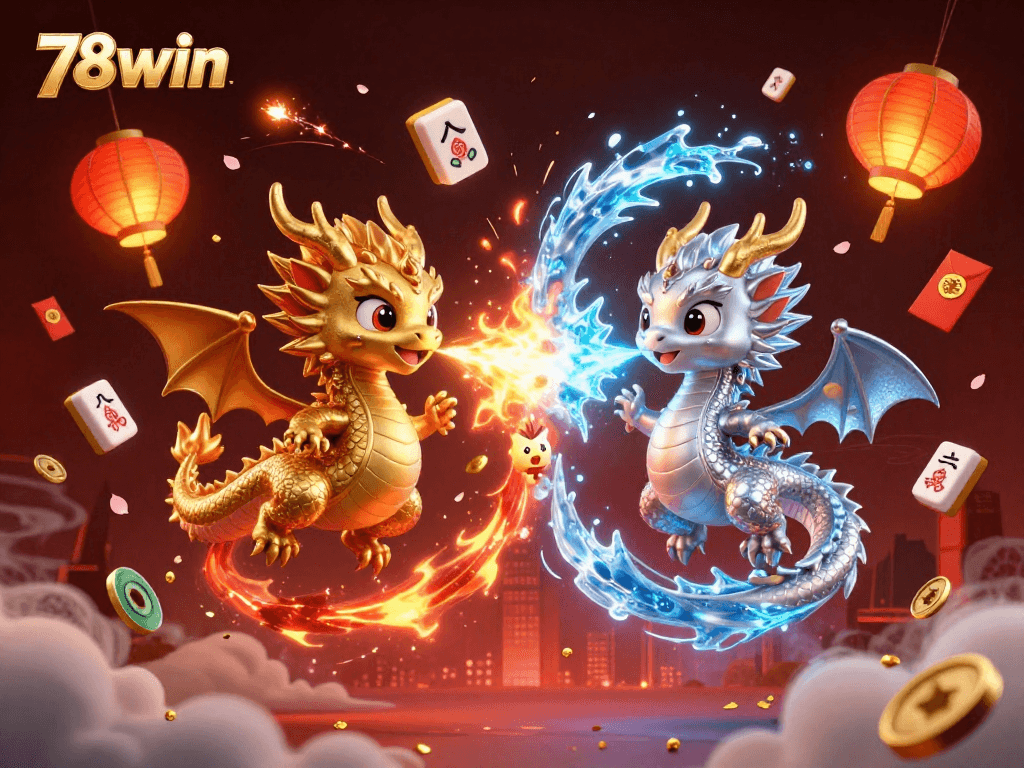 Explore the thrilling 78win gaming experience with dynamic dragons in a vibrant casino scene.