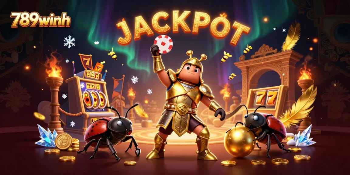 Engage with 789winh's thrilling slots as a heroic beetle lifts a poker chip in victory!