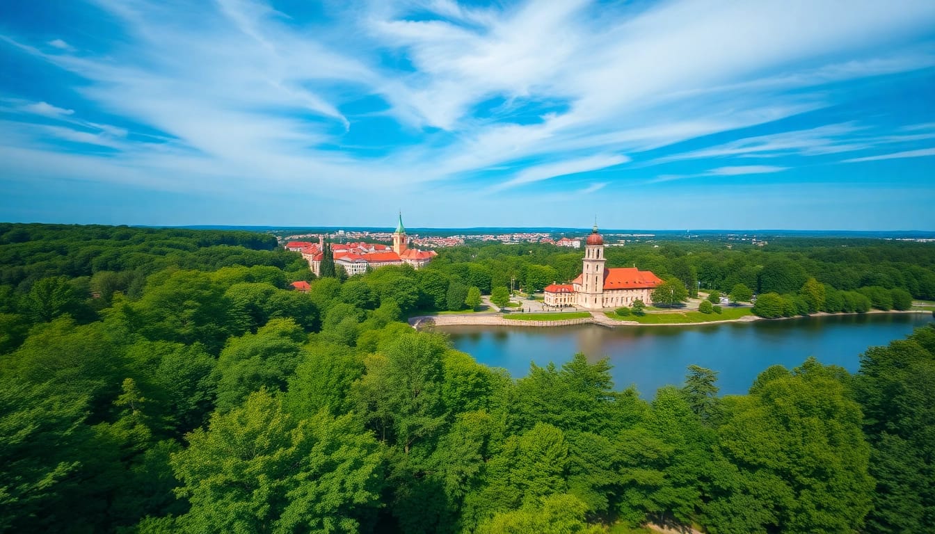 Drohnenaufnahmen Brandenburg in atemberaubender Landschaft mit grünen Wäldern und historischen Gebäuden.