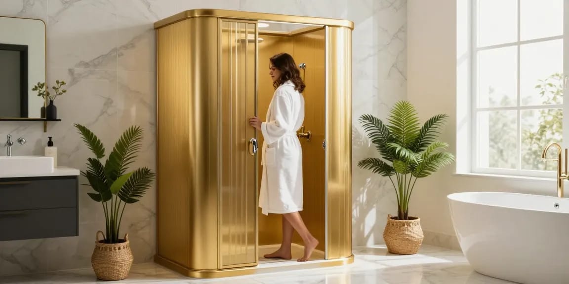 Elegante gouden douchecabine in een moderne badkamer, met een stijlvol ontwerp en een warme sfeer.