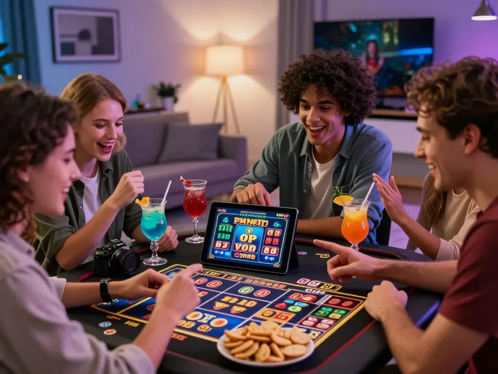 Friends enjoying free spins Australia at home with cocktails and pokies on a tablet, vibrant and lively atmosphere.