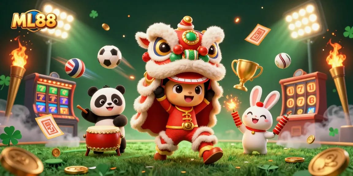 Experience the excitement of ML88 with a vibrant casino scene featuring a lion dance and dynamic sports elements.