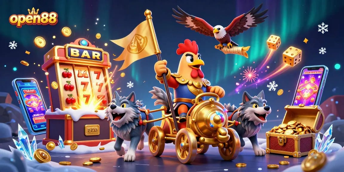 Experience open88's dynamic gaming environment with a vibrant 3D illustration featuring exciting casino elements.