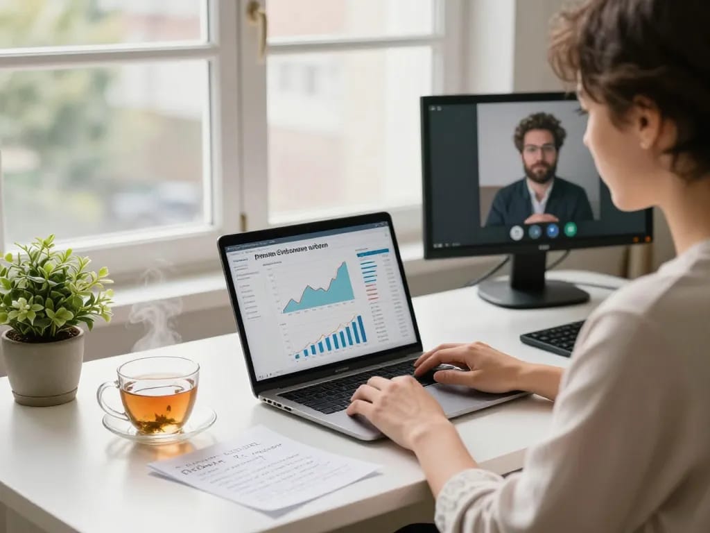 Focused workspace scene illustrating strategies for passives Einkommen aufbauen with charts on a laptop.
