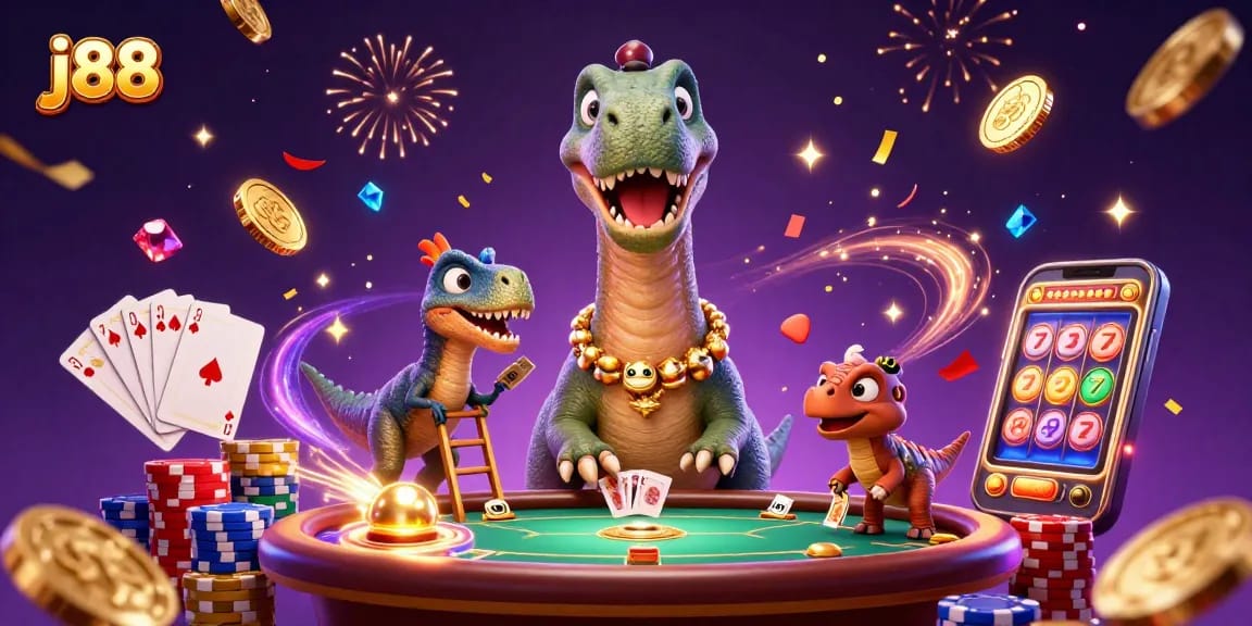 Experience thrilling moments at j88 with a lively brontosaurus in a vibrant casino setting.
