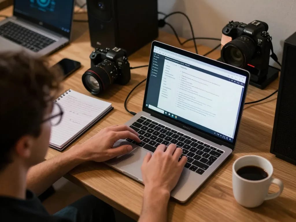 Player using Plagiat Scanner on laptop in a modern workspace filled with notes and gadgets