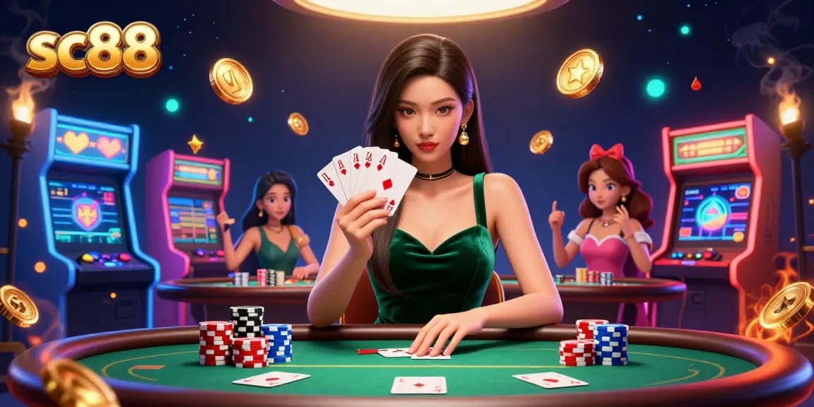 Experience the thrill of sc88 at a luxury poker table surrounded by vibrant gaming elements.