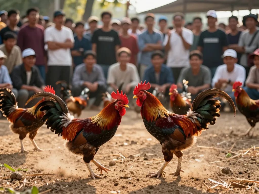Watch trực tiếp đá gà thomo at a lively arena, capturing the excitement of rooster fighting.