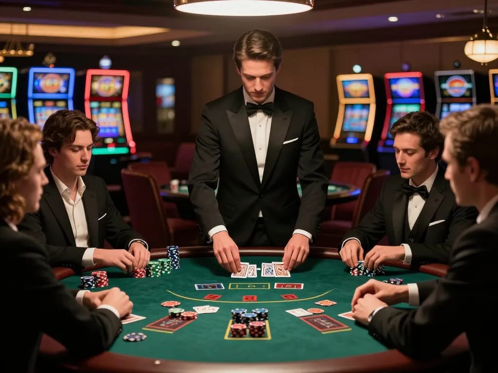 VT88 players strategizing at a high-stakes blackjack table in a luxury casino atmosphere