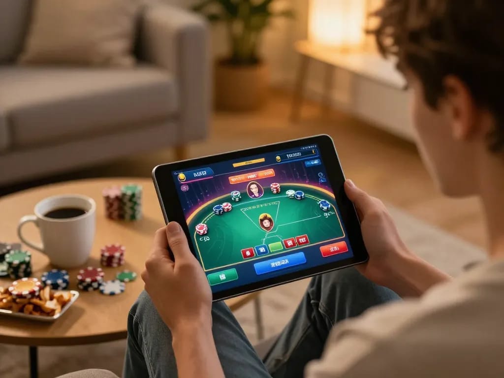 Engaged player using tablet for online gaming at trang chủ F168, showcasing a strategic poker game.