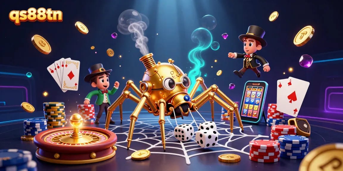 Immerse in qs88tn's vibrant casino world with golden spiders and dazzling game elements