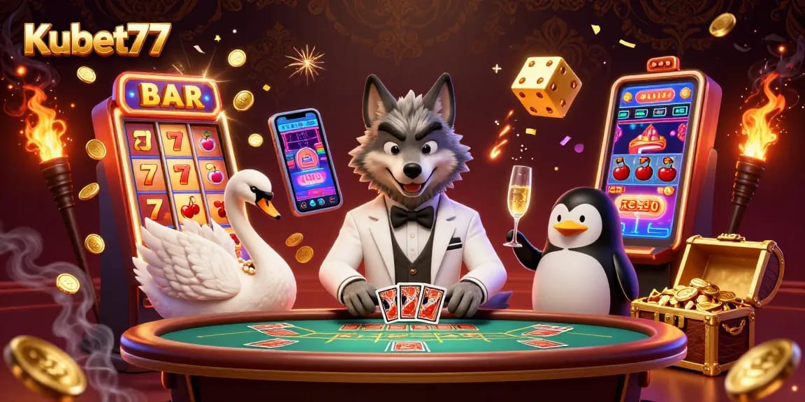Experience thrilling gameplay at Kubet77 with a vibrant casino scene featuring exciting characters and dynamic elements.