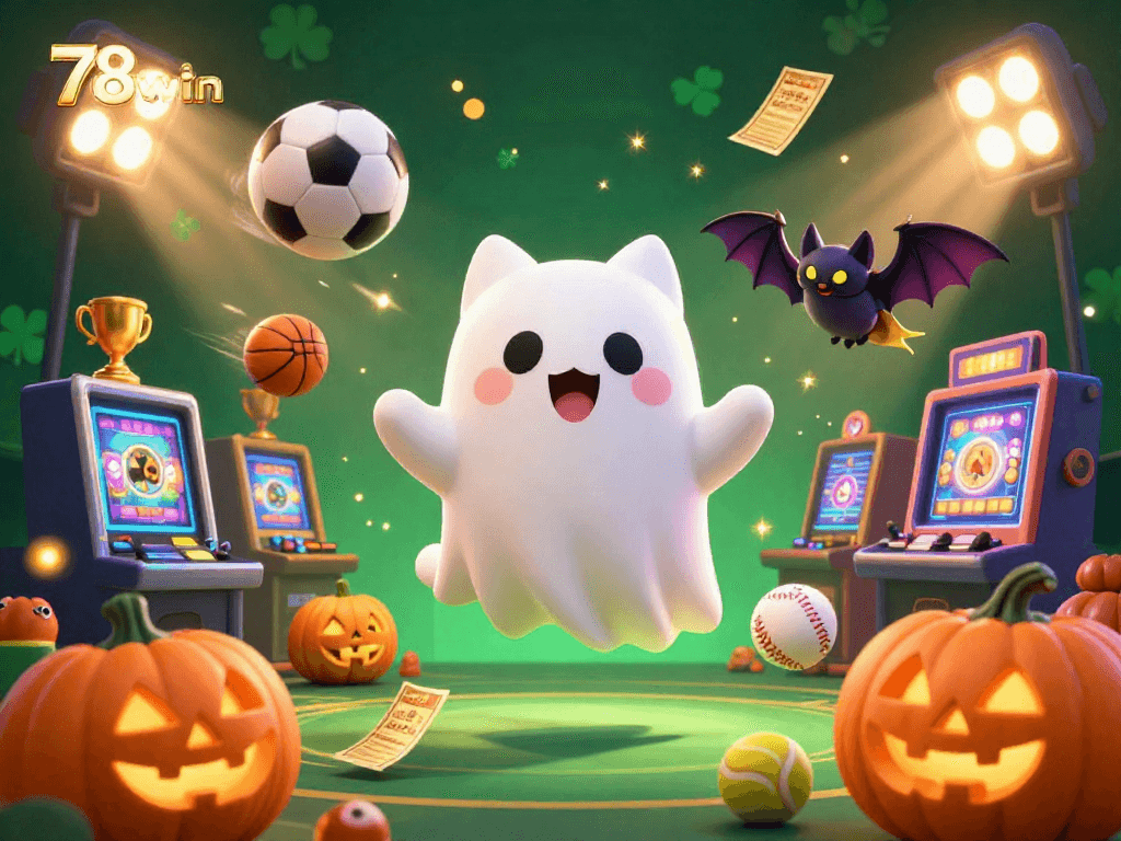 Engage in vibrant 78win casino action with a ghost cat, jackpot wins, and sports excitement.