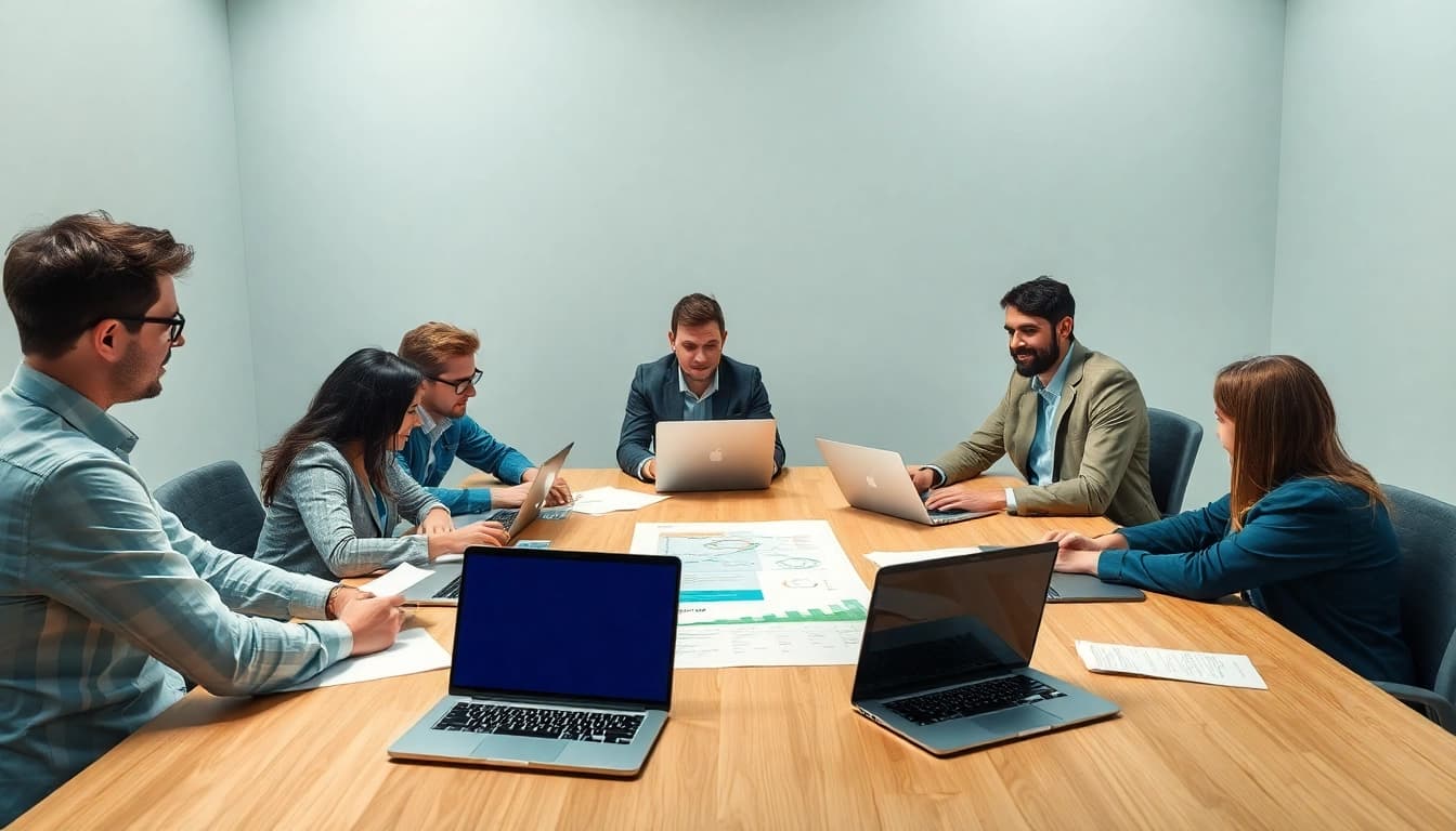 Team von Fachleuten diskutiert Strategien für ein besseres SEO-Ranking am Tisch.